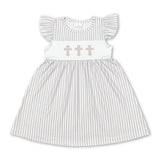 Flutter sleeves khaki stripe cross baby girls easter dress