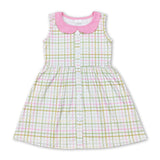 Sleeveless green pink plaid kids girls spring dresses