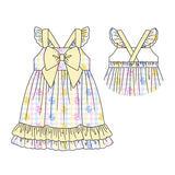 Flutter sleeves yellow plaid eggs kids girls easter dress