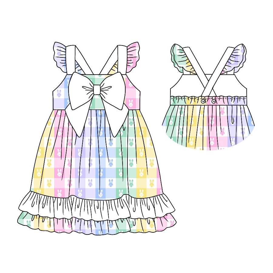 Colorful plaid rabbit ruffle baby girls easter dresses