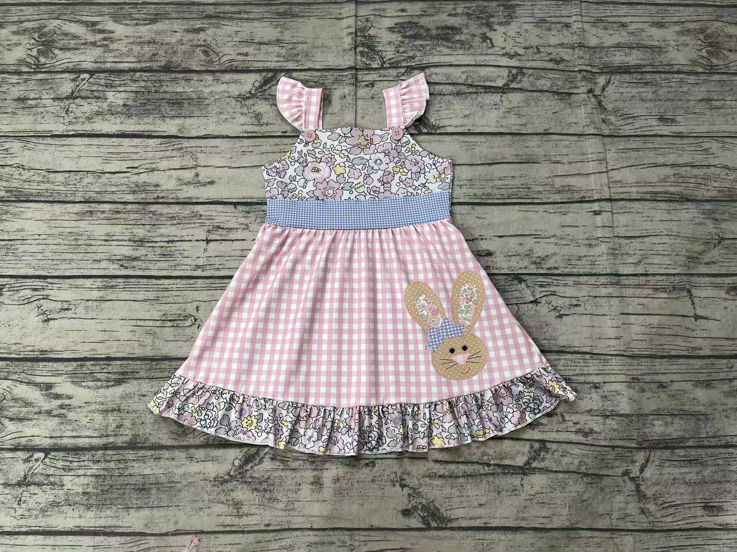 Pink plaid floral bunny kids girls easter dresses