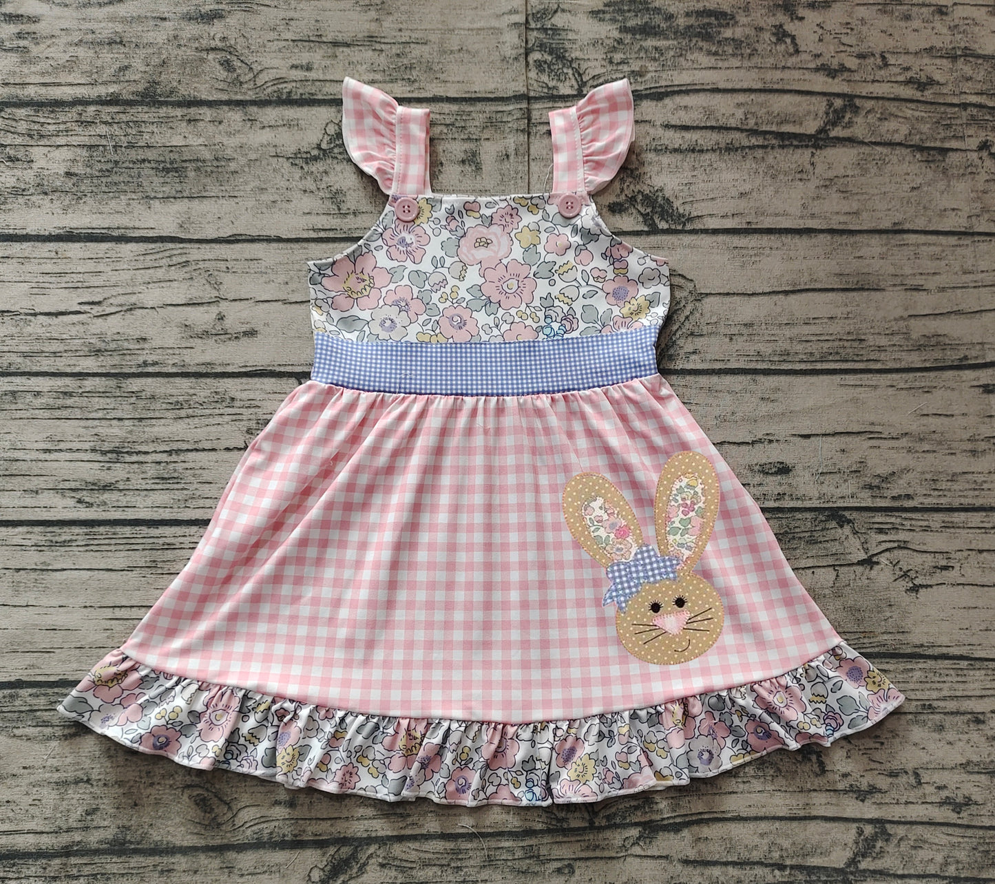 Pink plaid floral bunny kids girls easter dresses