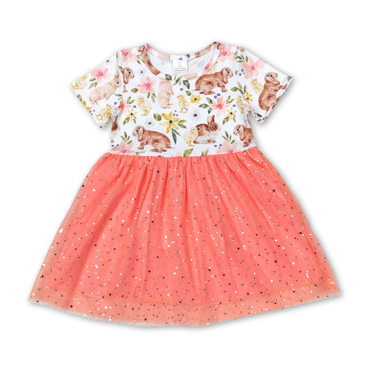 Short sleeves rabbit floral girls easter tulle dress