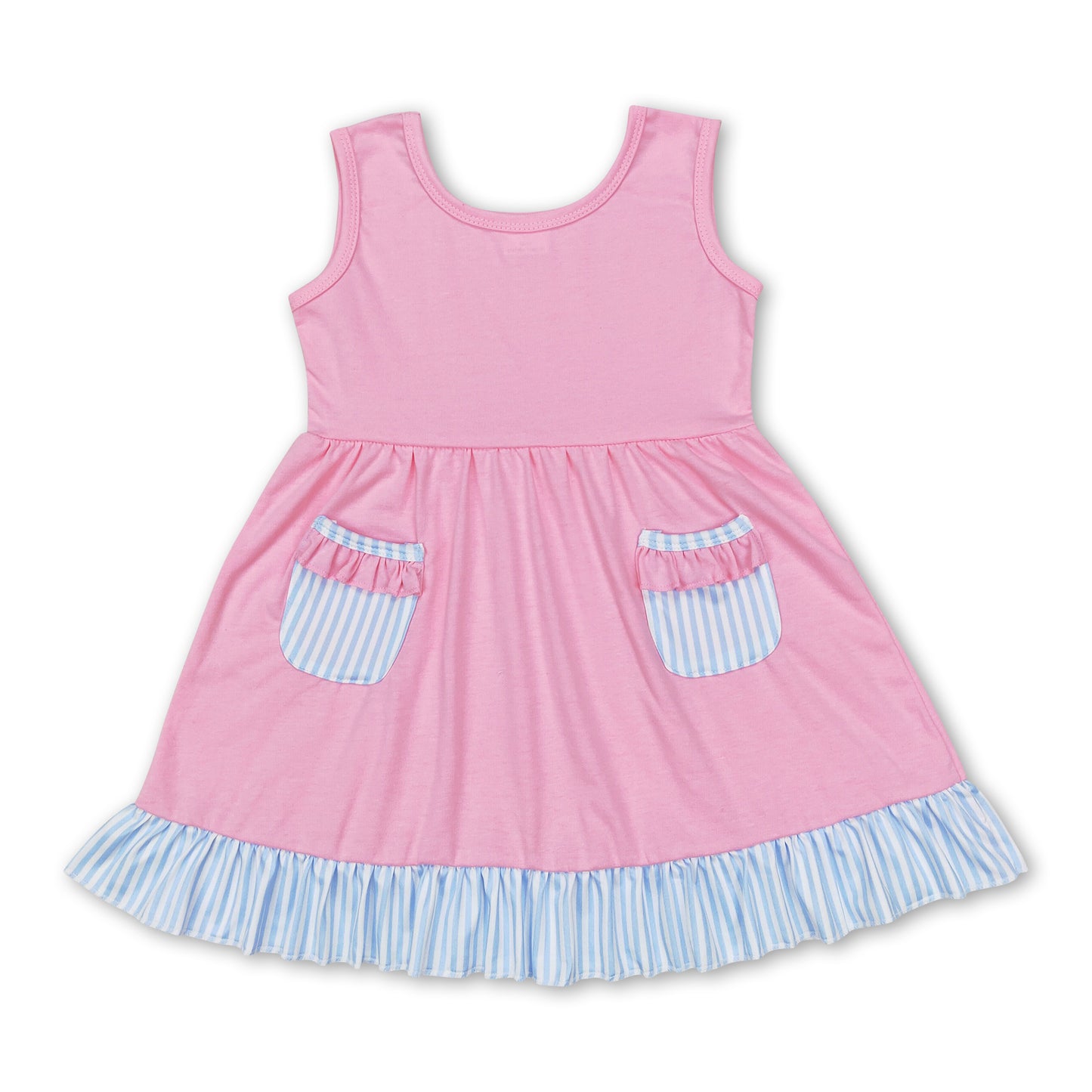 Sleeveless pink cotton pocket ruffle girls dresses