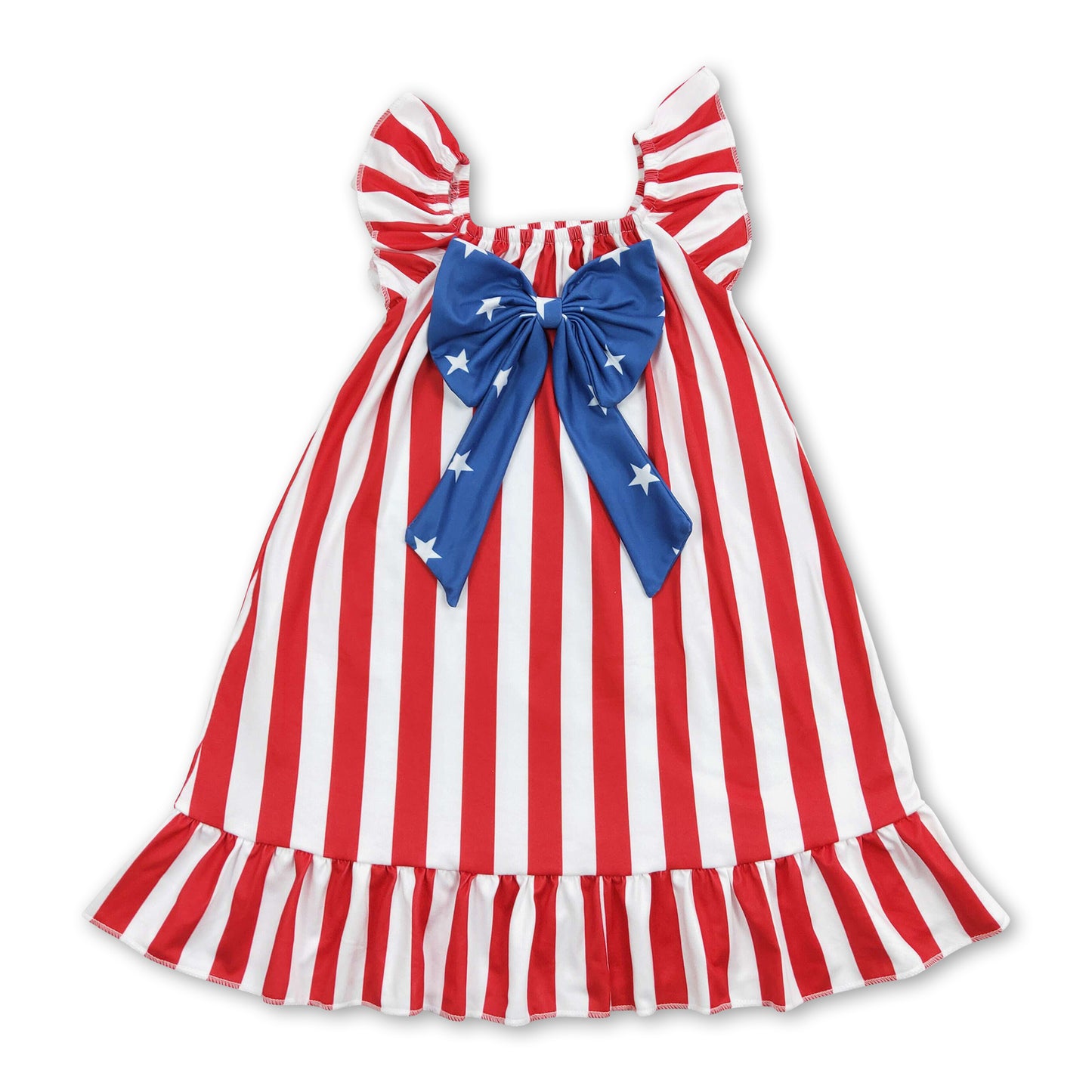 Short sleeves stripe stars bow girls 4th of july dress