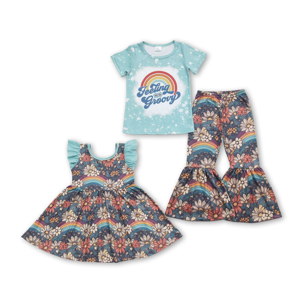 Rainbow flower girls dresses match outfits
