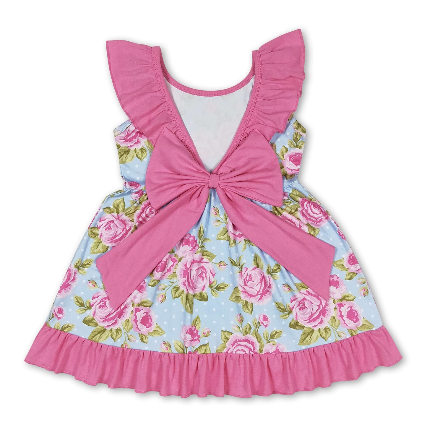 Backless bow pink ruffle flower kids girls dresses