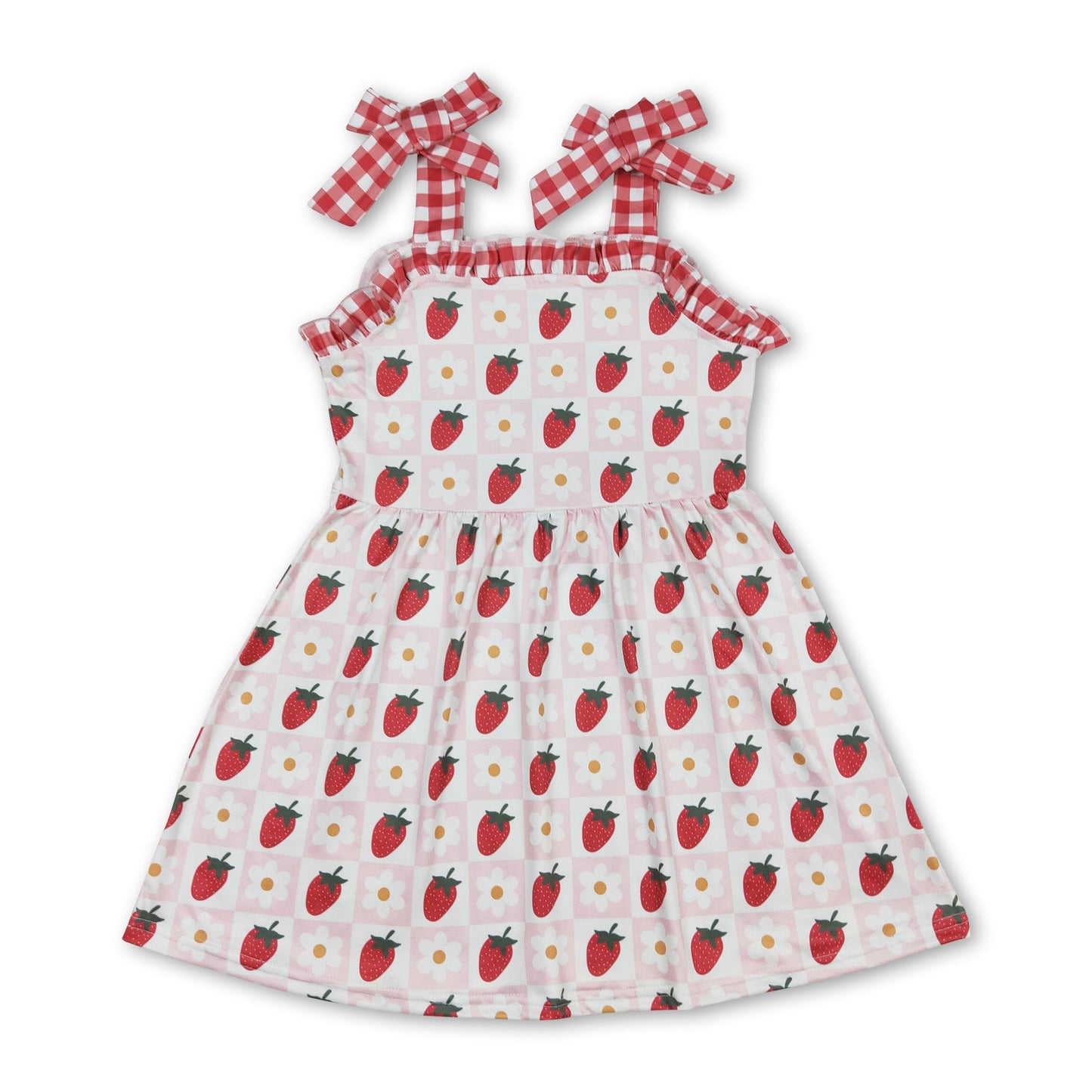 Plaid floral strawberry suspender girls dresses