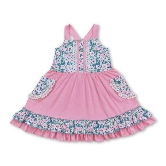 Pink floral sleeveless baby girls summer dresses