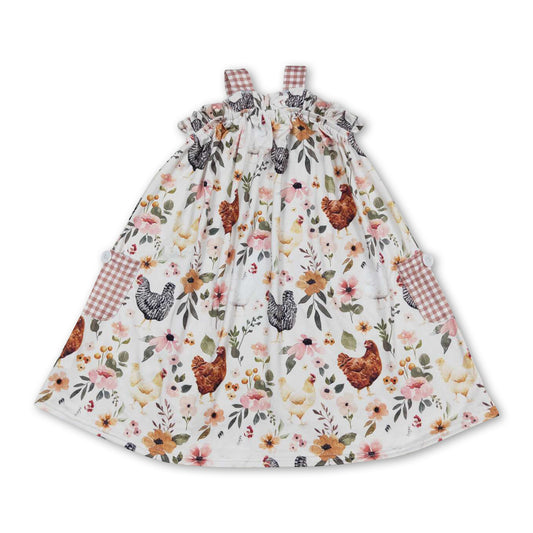 Plaid straps chicken floral baby girls farm dress