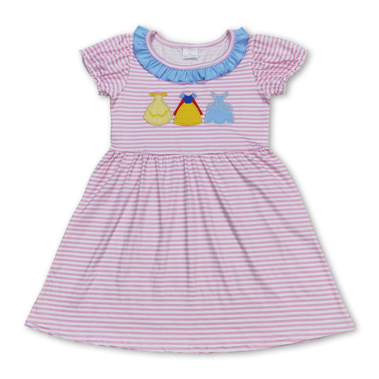 Short sleeves pink stripe princess girls dress