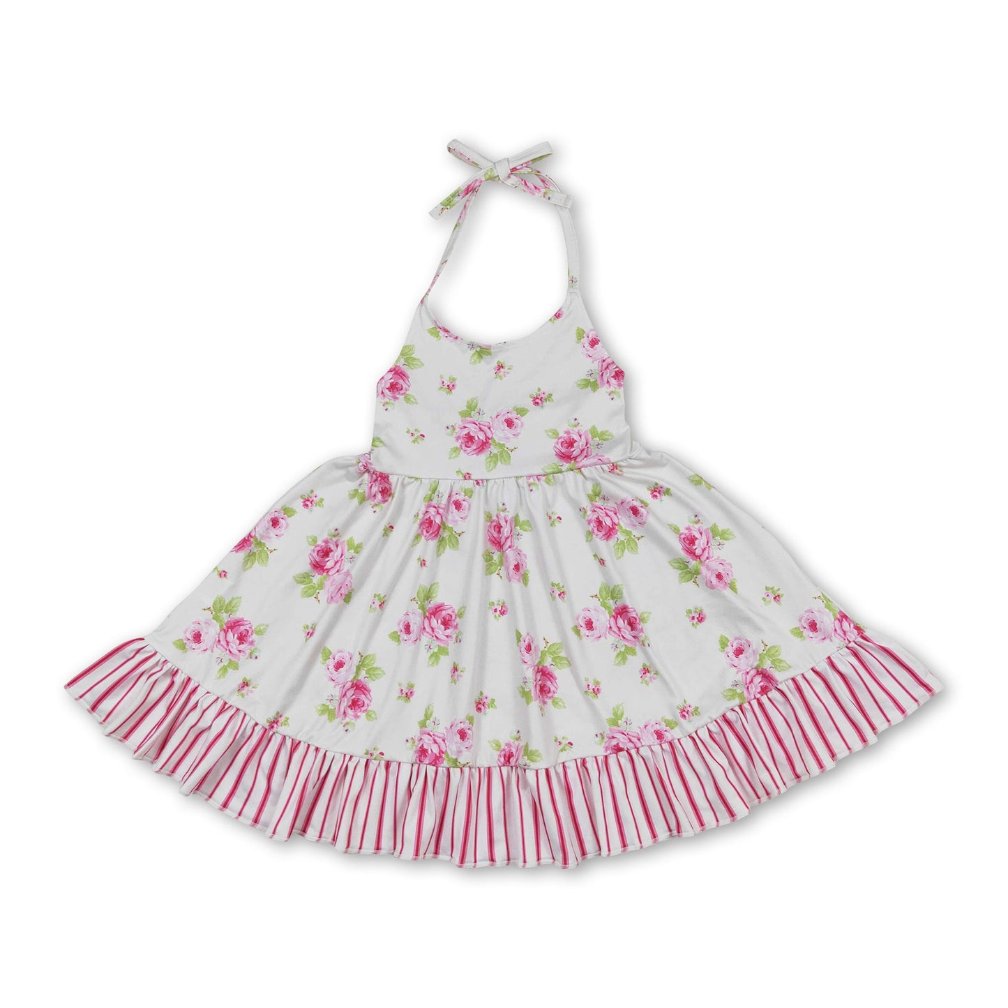 Pink floral stripe girls summer halter dresses