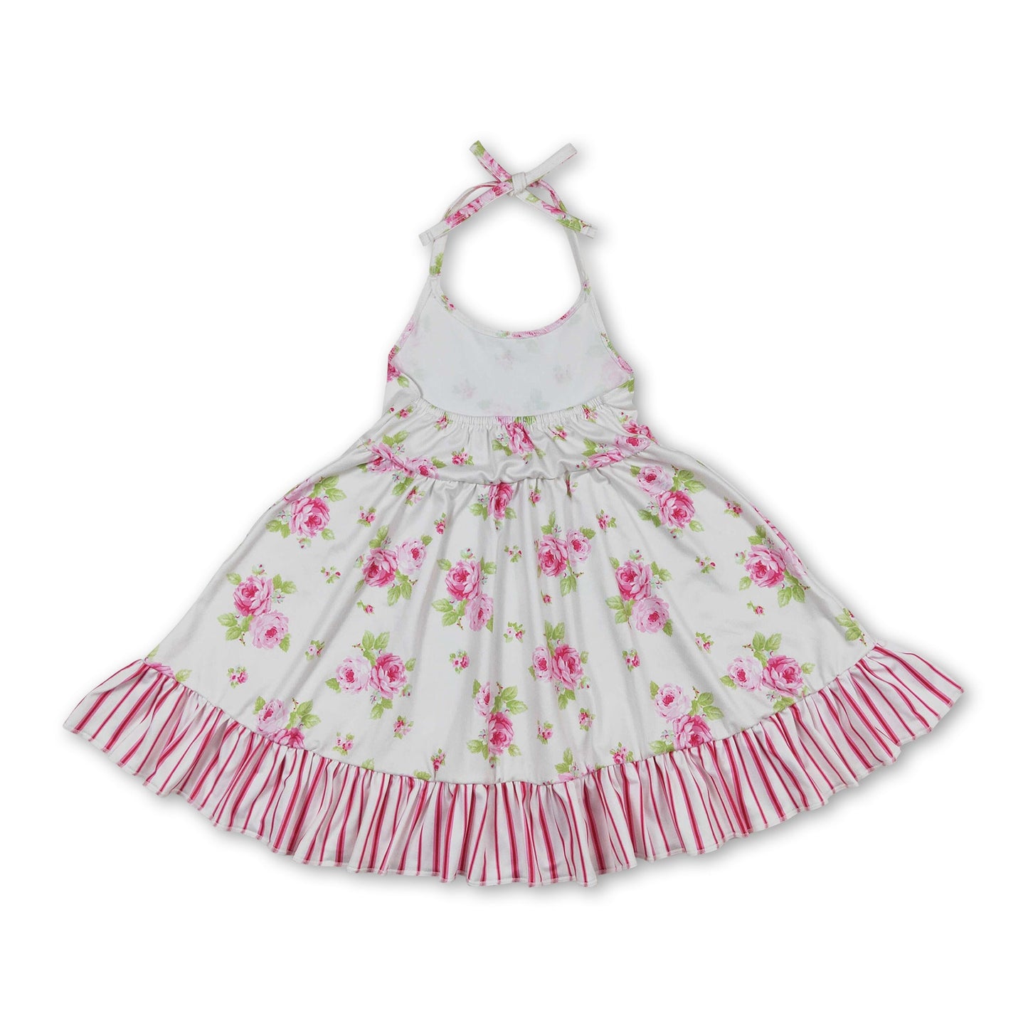 Pink floral stripe girls summer halter dresses