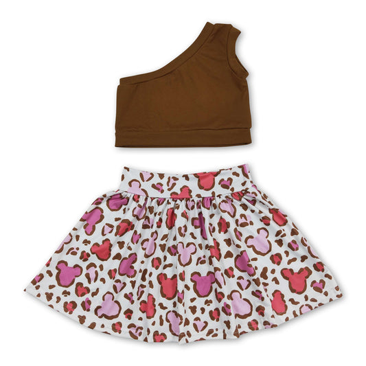 One shoulder top leopard mouse skirt girls clothes