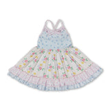 Straps beige floral ruffle girls summer dresses