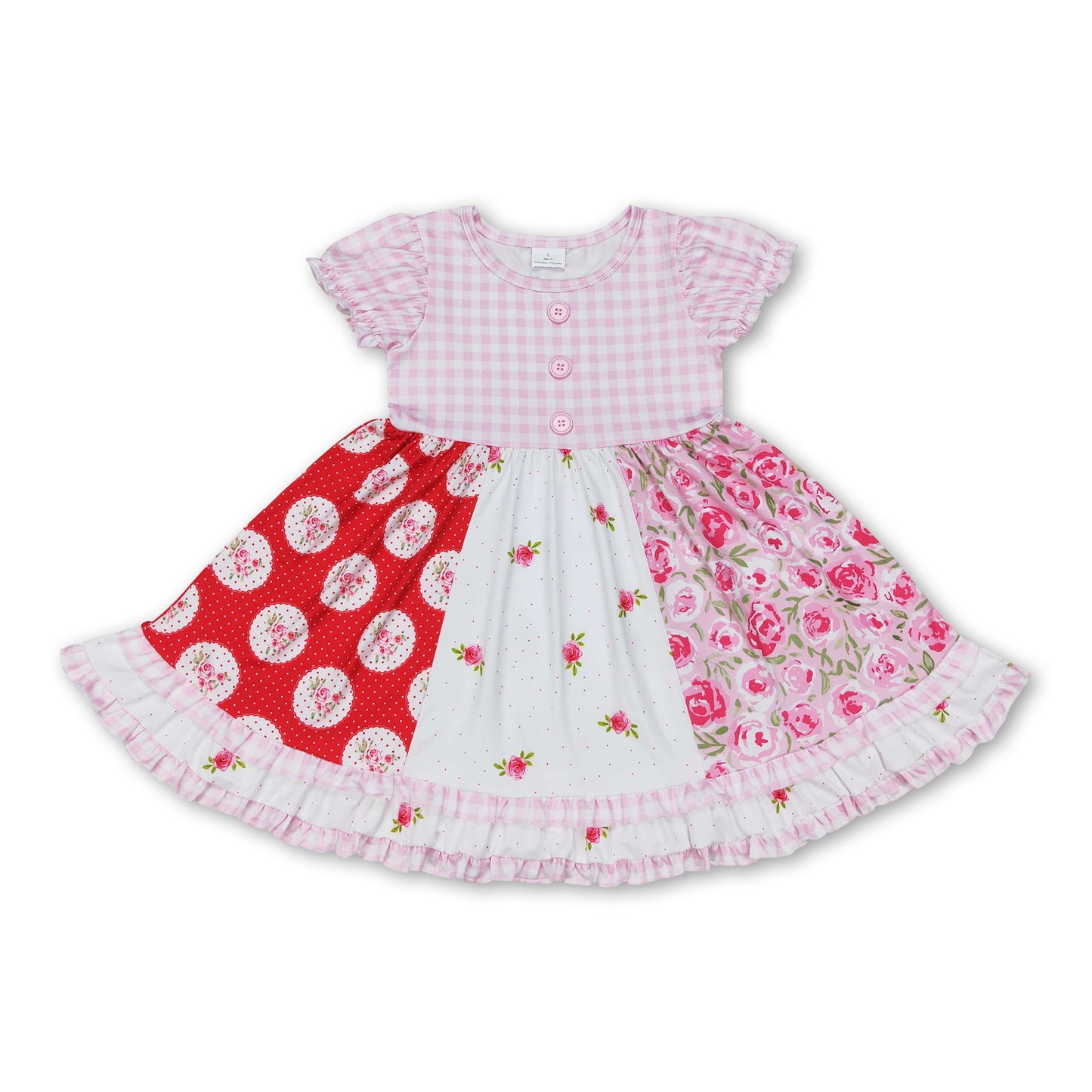 Plaid short sleeves floral patchwork girls dresses