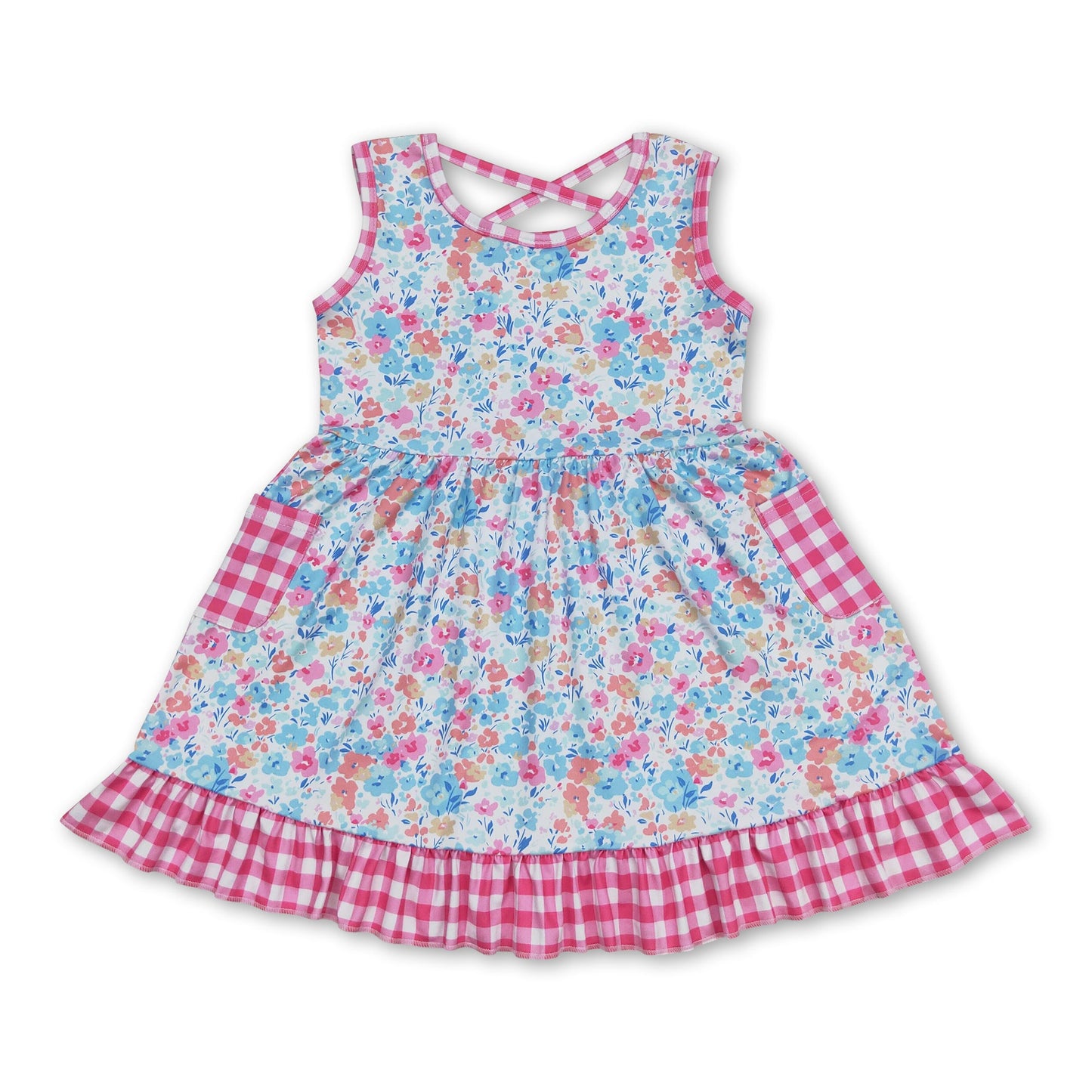 Sleeveless floral plaid ruffle girls summer dress