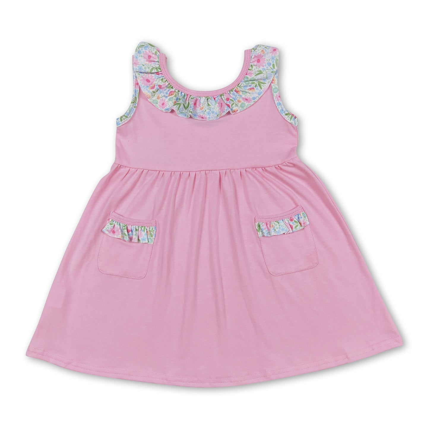 Pink floral sleeveless bow baby girls summer dress