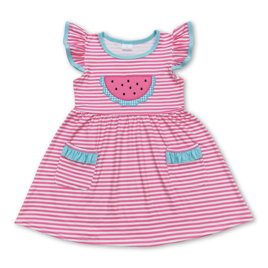 Flutter sleeves stripe pockets watermelon girls summer dress