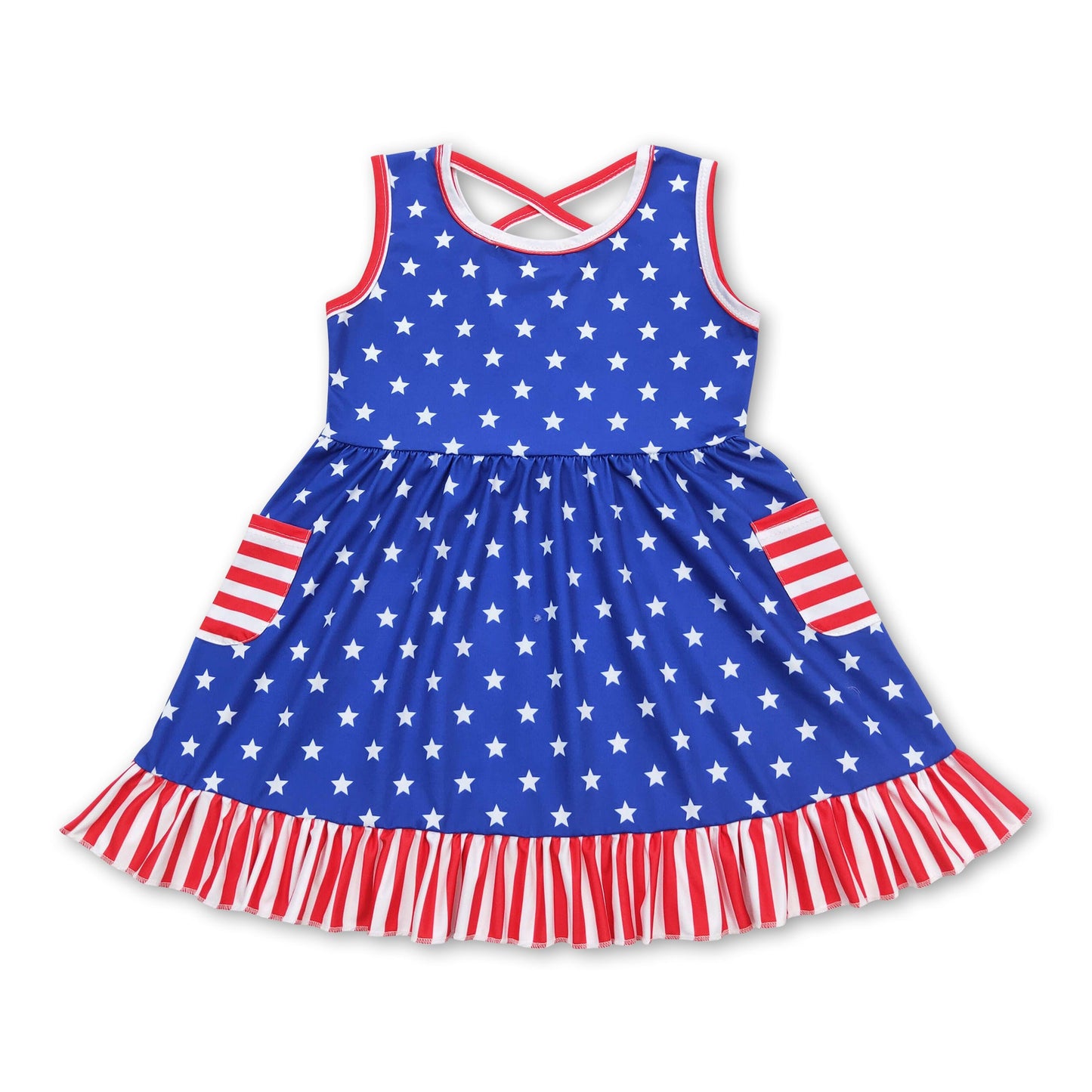 Sleeveless stripe stars pockets girls 4th of july dresses