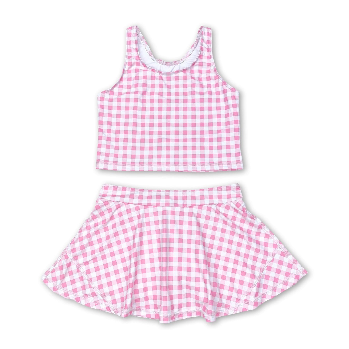 Sleeveless pink plaid top skirt girls summer clothes