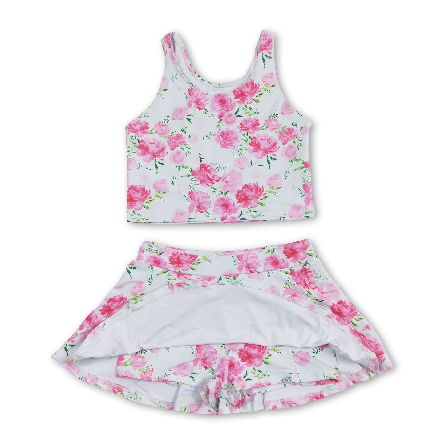 Sleeveless pink flower top skirt girls summer clothes