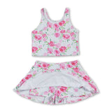 Sleeveless pink flower top skirt girls summer clothes