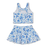 Sleeveless blue flower top skirt girls summer clothes