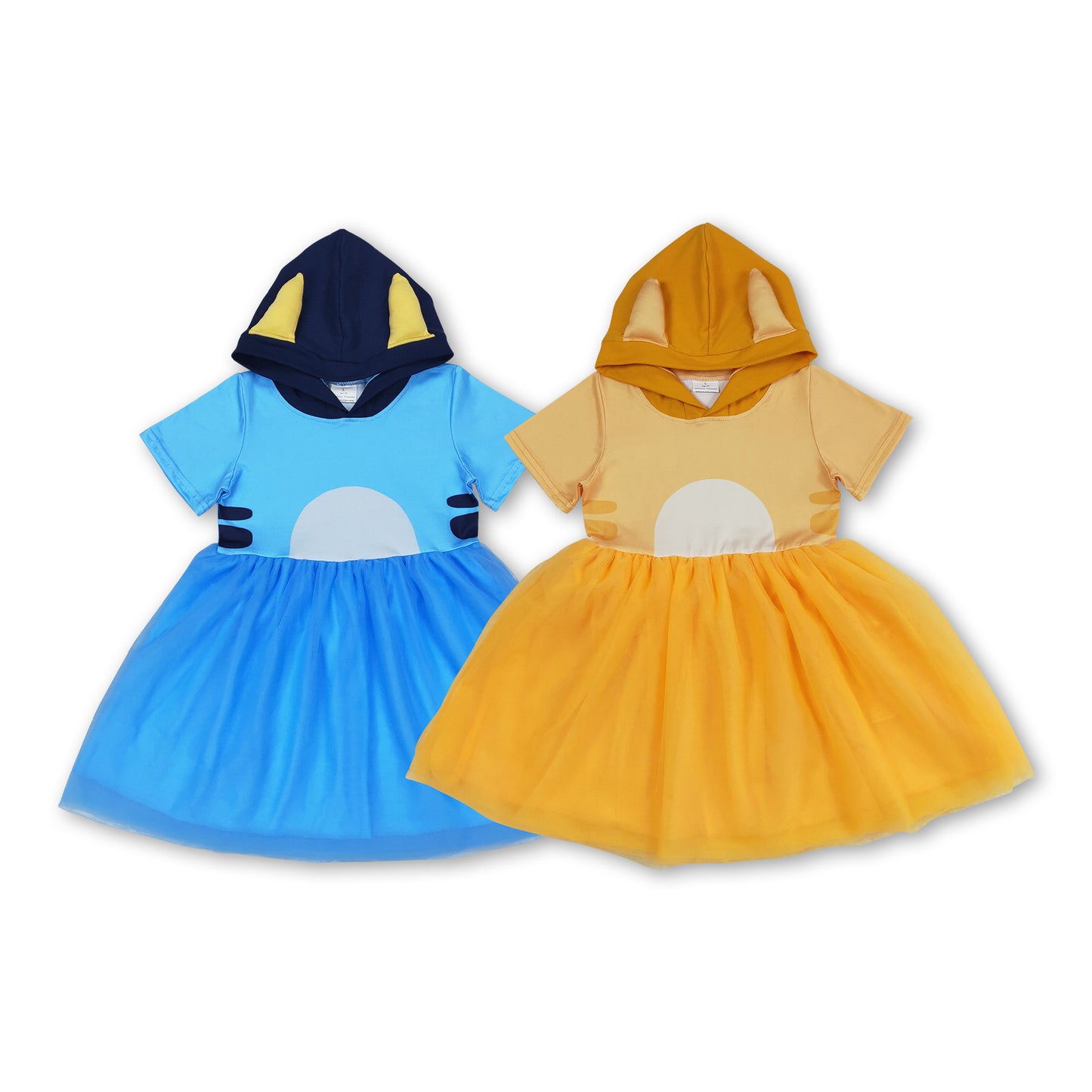 Short sleeves yellow dog tulle girls hooded dress