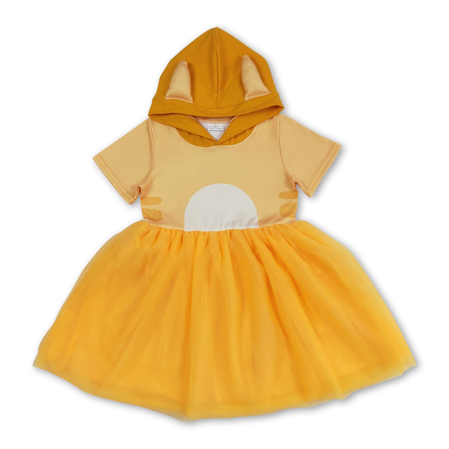 Short sleeves yellow dog tulle girls hooded dress