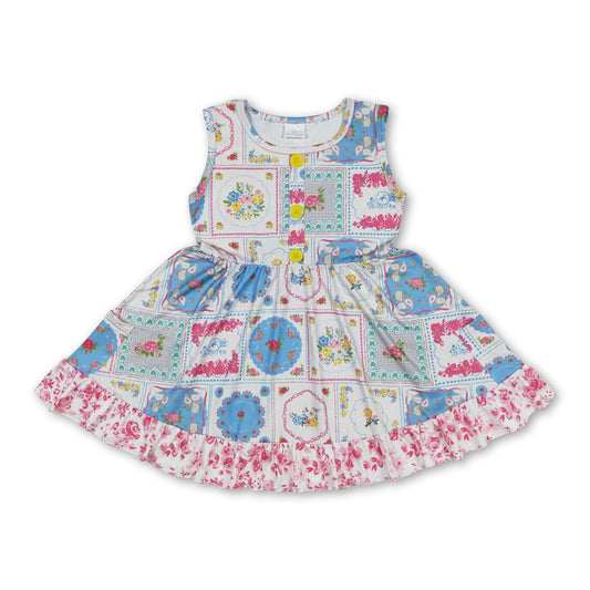 Sleeveless floral patchwork ruffle girls spring dress