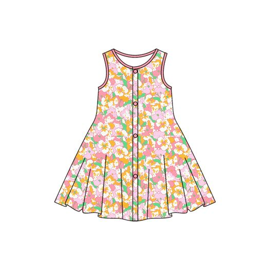 Sleeveless buttons floral kids girls summer dress