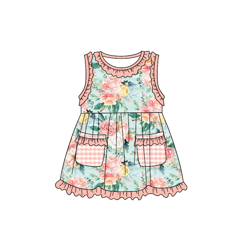 Sleeveless plaid pockets floral kids girls dresses