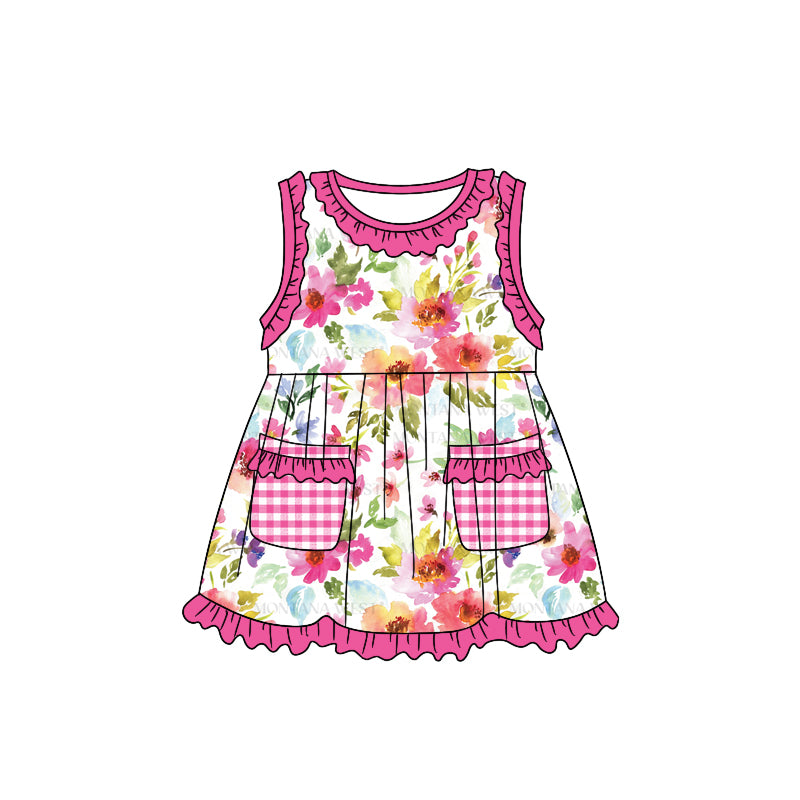 Sleeveless hot pink plaid pockets floral girls dresses