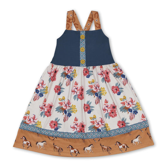 Straps horse floral baby girls summer dresses