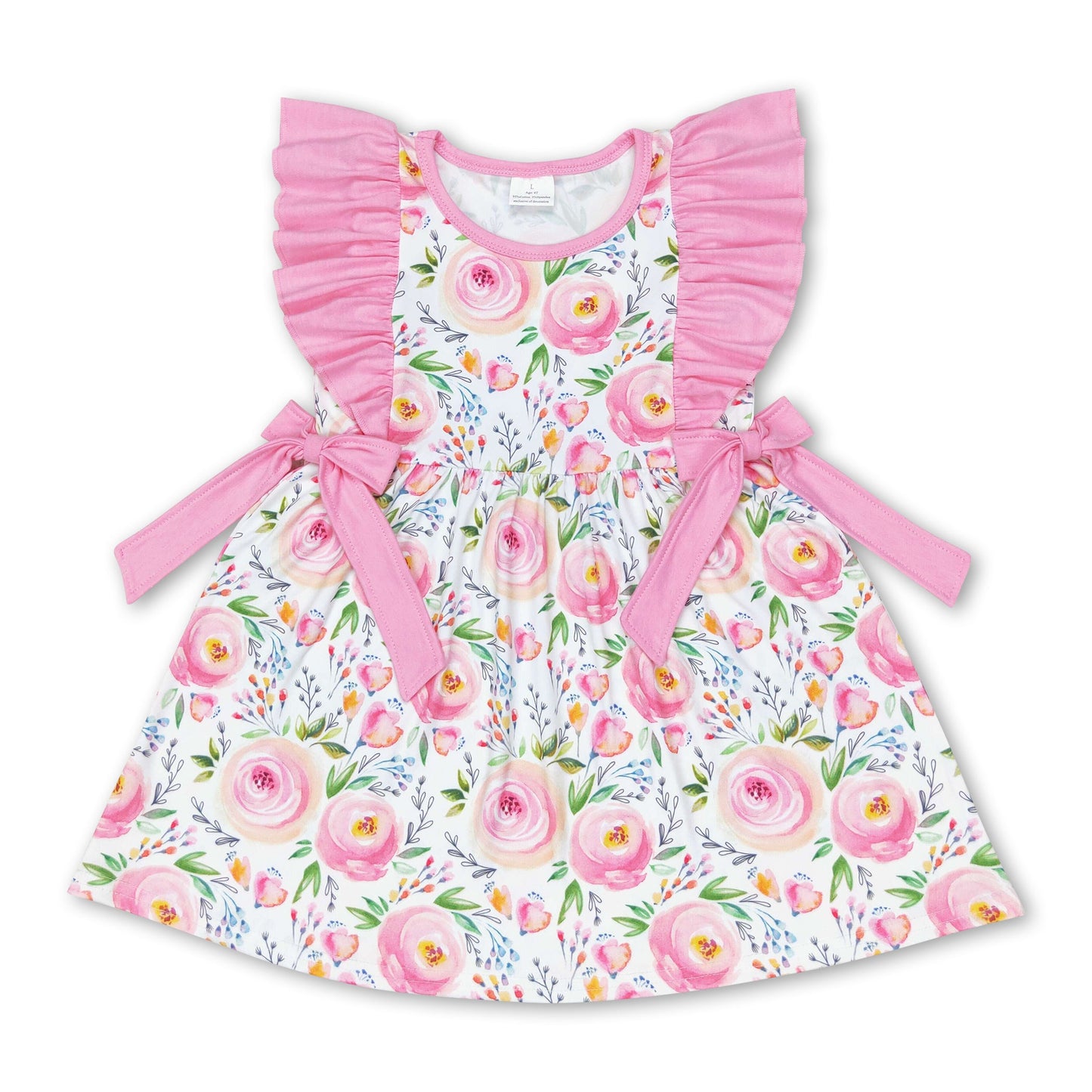 Pink ruffle sleeves floral kids girls spring dress