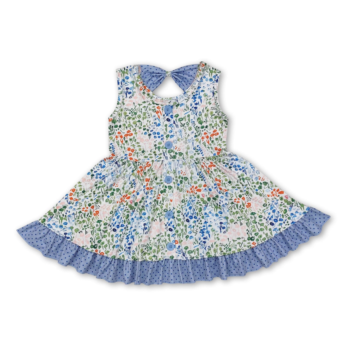 Sleeveless polka dots ruffle floral girls summer dress