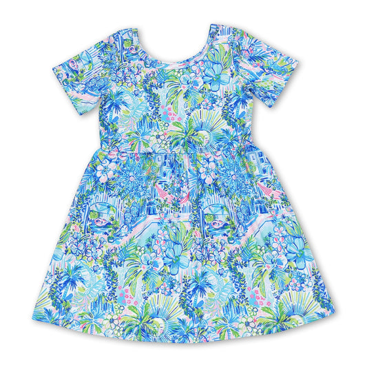 Short sleeves blue watercolor floral girls summer dress