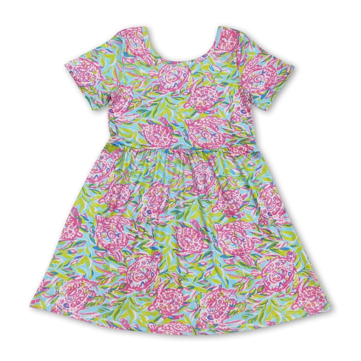 Short sleeves watercolor turtle girls summer dress