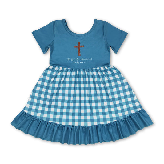 Short sleeves cross plaid ruffle girls dresses