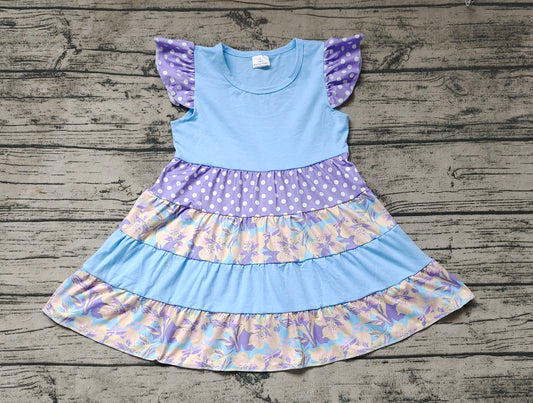 Flutter sleeves light blue polka dots floral patchwork girls dress