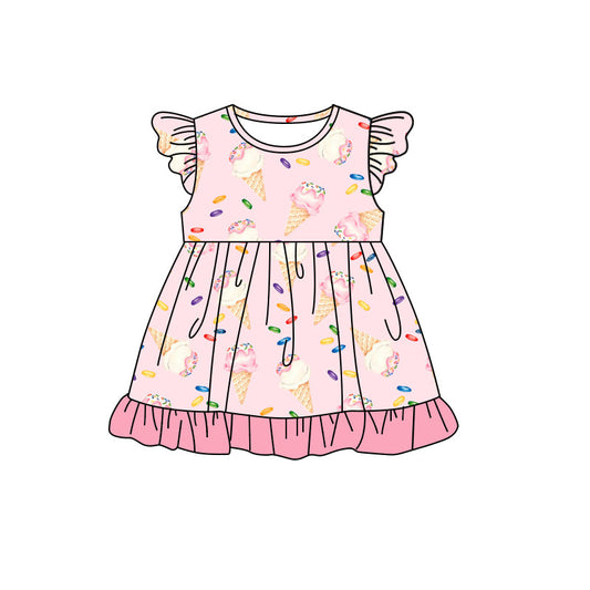 Flutter sleeves ice cream print ruffle girls summer dress