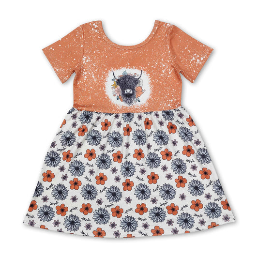 Short sleeves highland cow floral girls dress