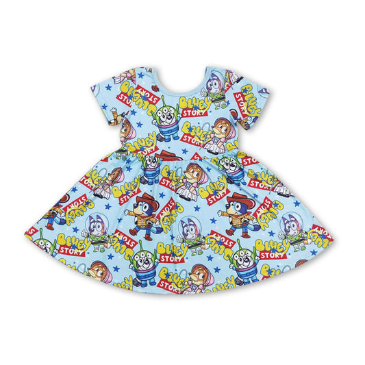 Short sleeves blue dog toy kids girls summer dress