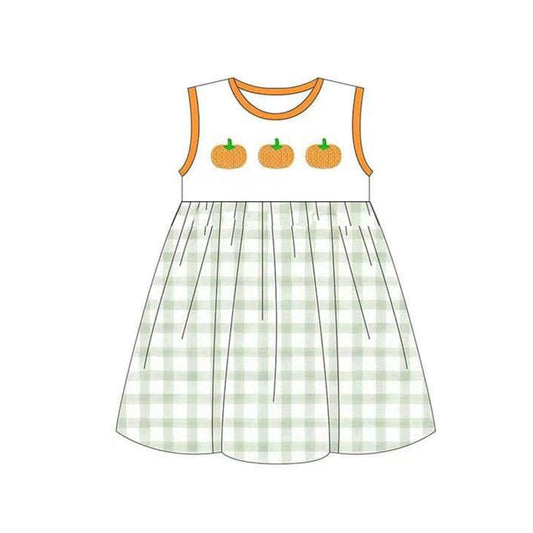 Sleeveless pumpkin plaid kids girls fall dresses