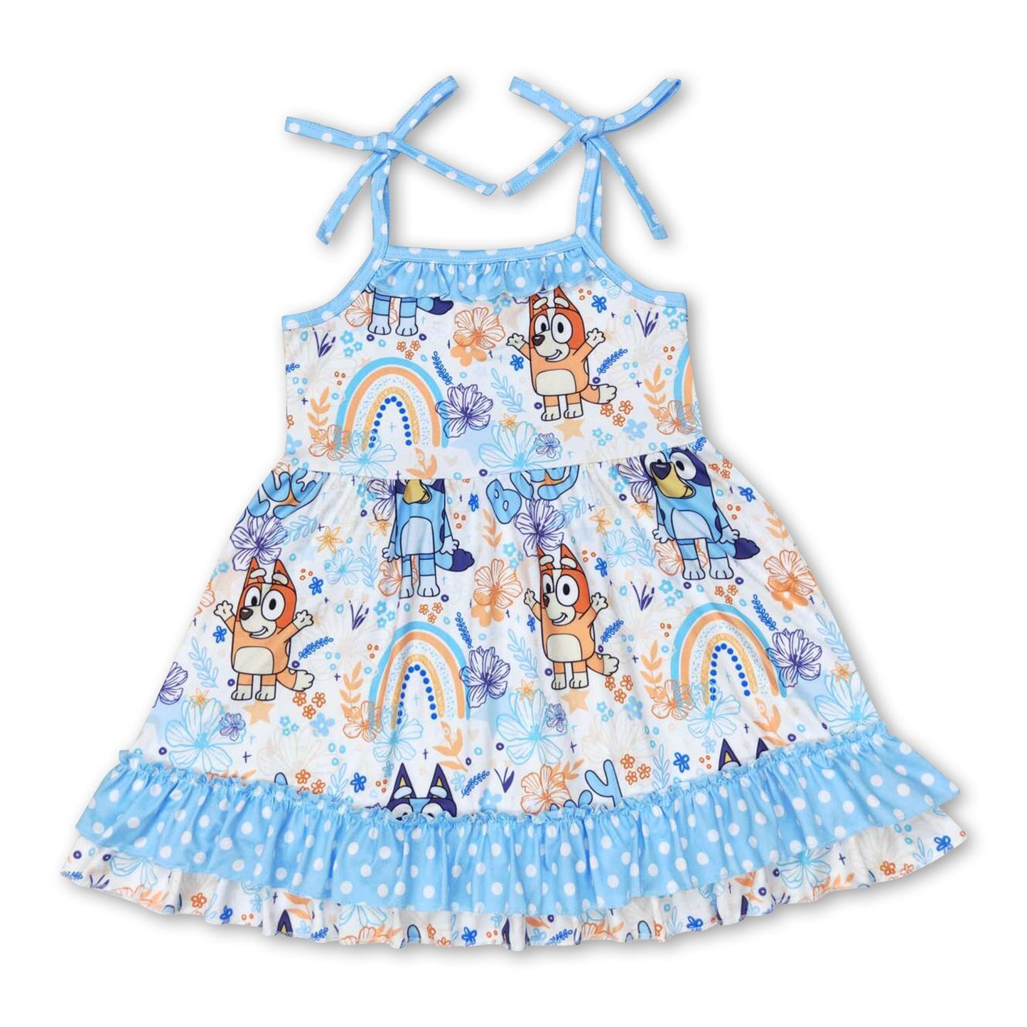 Straps blue dog rainbow floral ruffle girls dresses