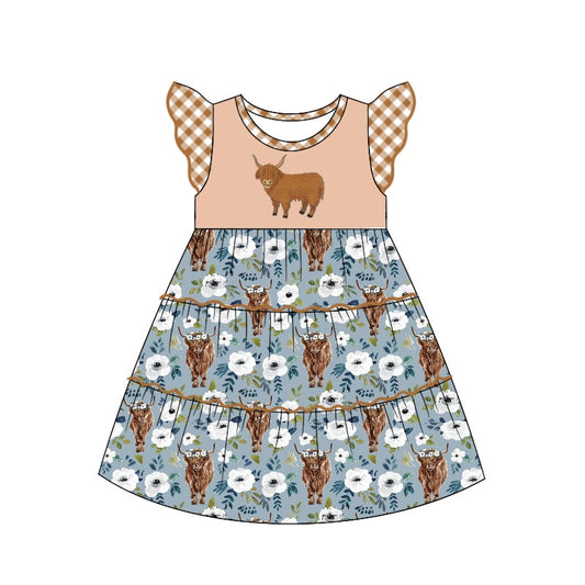 Flutter sleeves highland cow floral kids girls dress