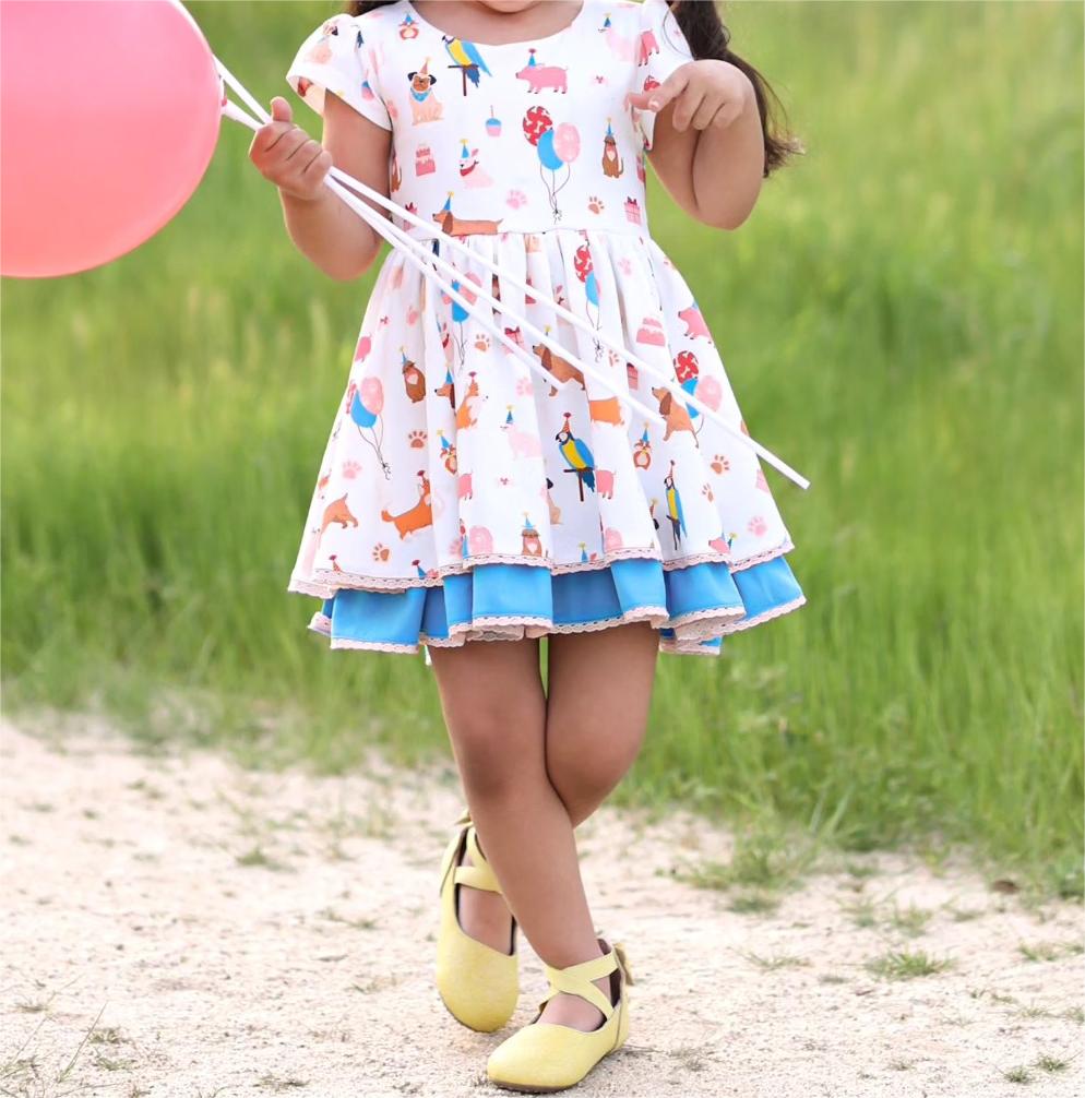 Short sleeves balloon pig dog happy birthday girls dress