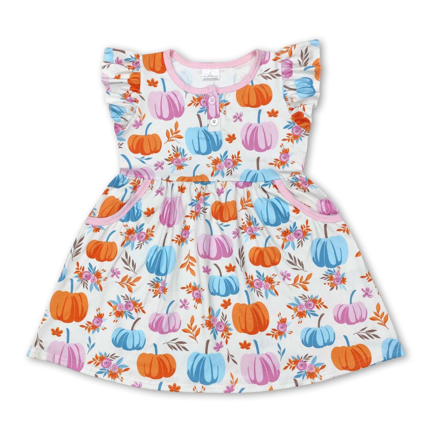 Flutter sleeves pumpkin floral pocket kids girls fall dress