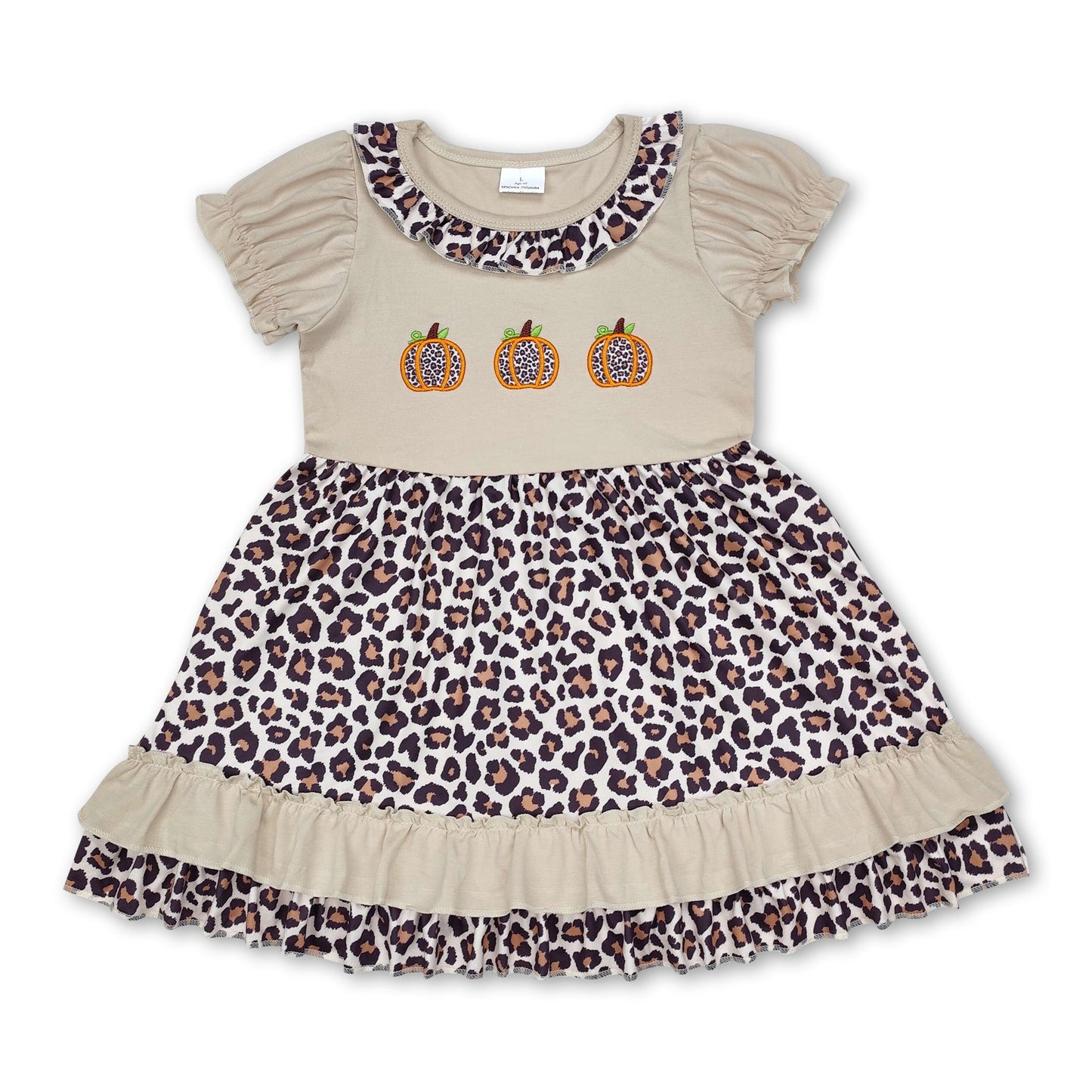 Short sleeves leopard pumpkin ruffle girls fall dresses